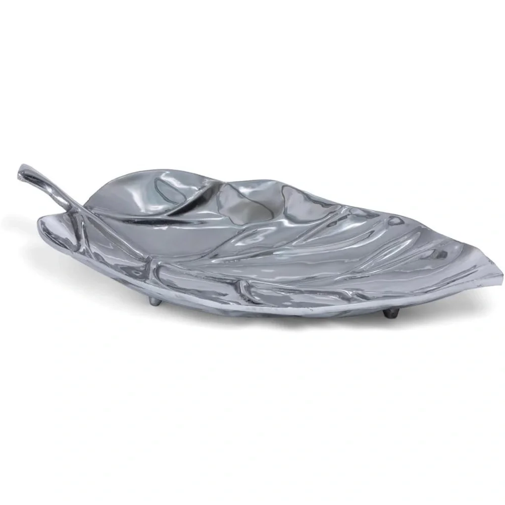 Large Pewter Leaf-Shaped Footed Decorative Tray Platter Approximately 24” x 13”